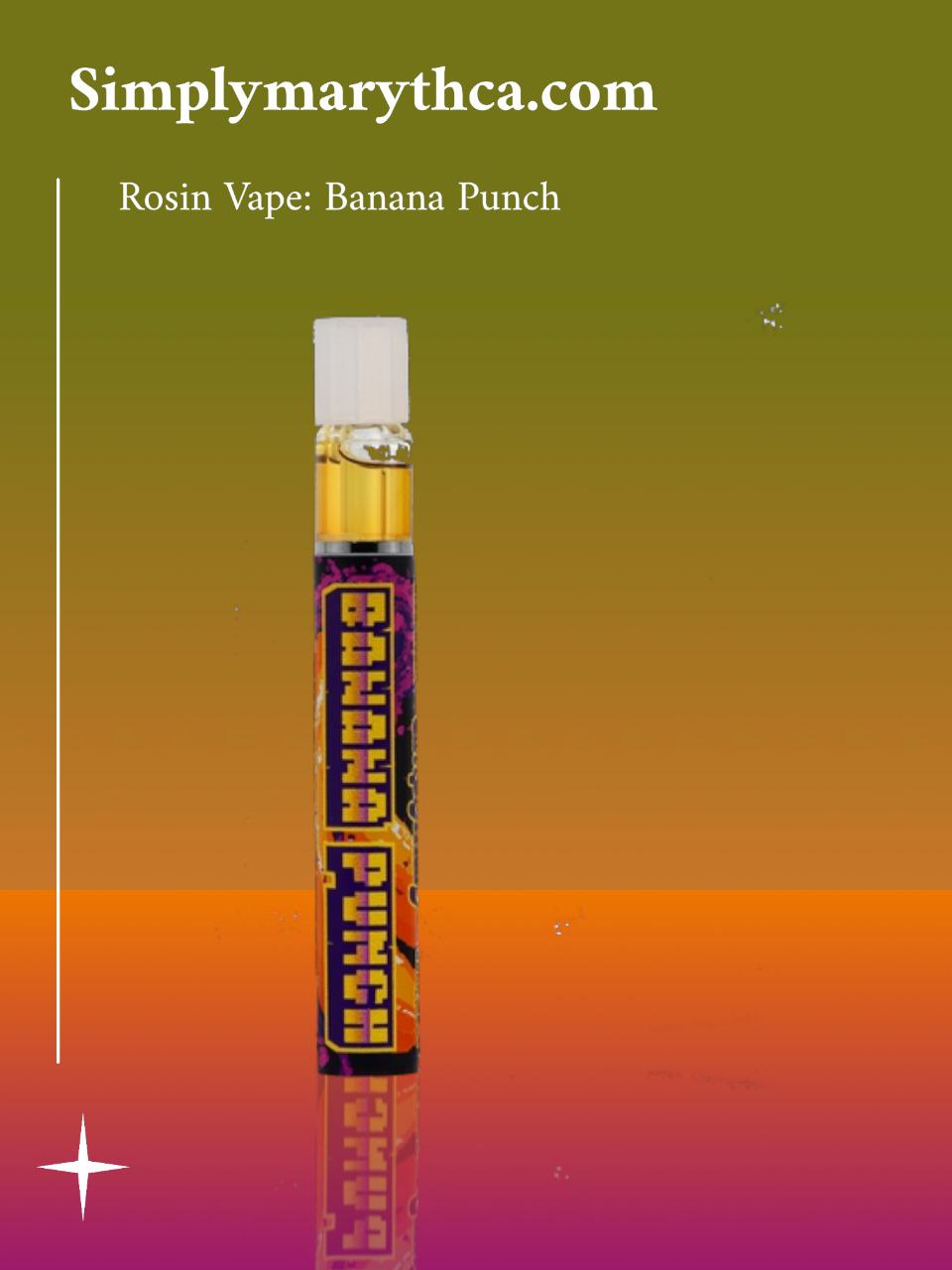 SimplyMary Banana Punch THCa Rosin Vape pen with clear viewing window showing golden-amber solventless live rosin.