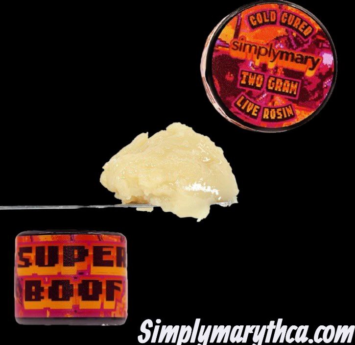 Simply Mary Superboof Cold Cured 2g Live Rosin jar with premium branding and creamy concentrate texture