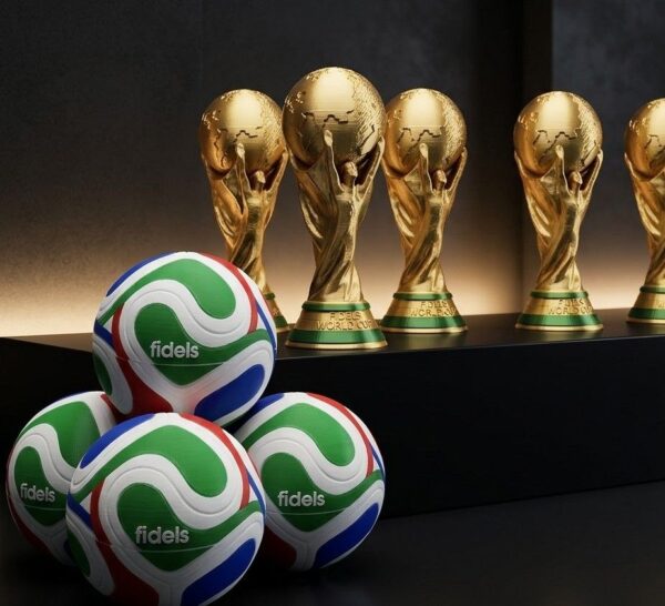 Fidels World Cup THCa Collection featuring limited edition gold trophies and branded soccer balls on a dark luxury background.